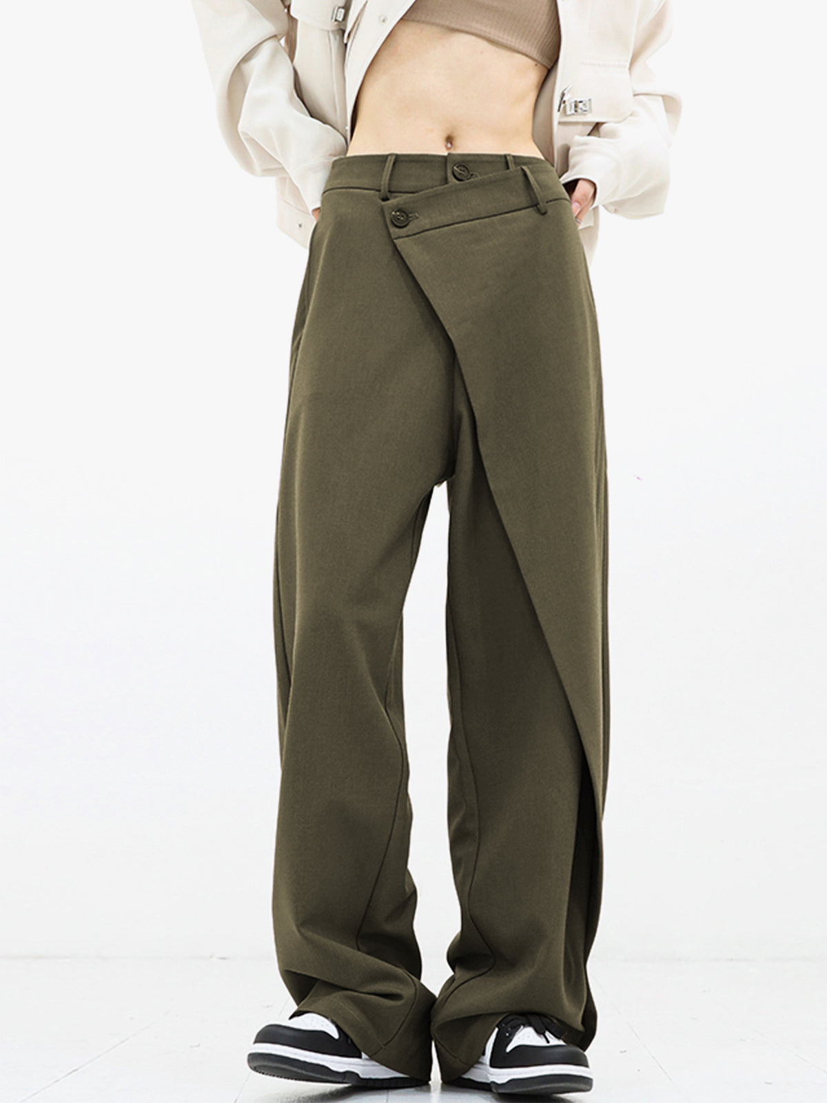 Asymmetrical Layer Button Wide Leg Dress Pants