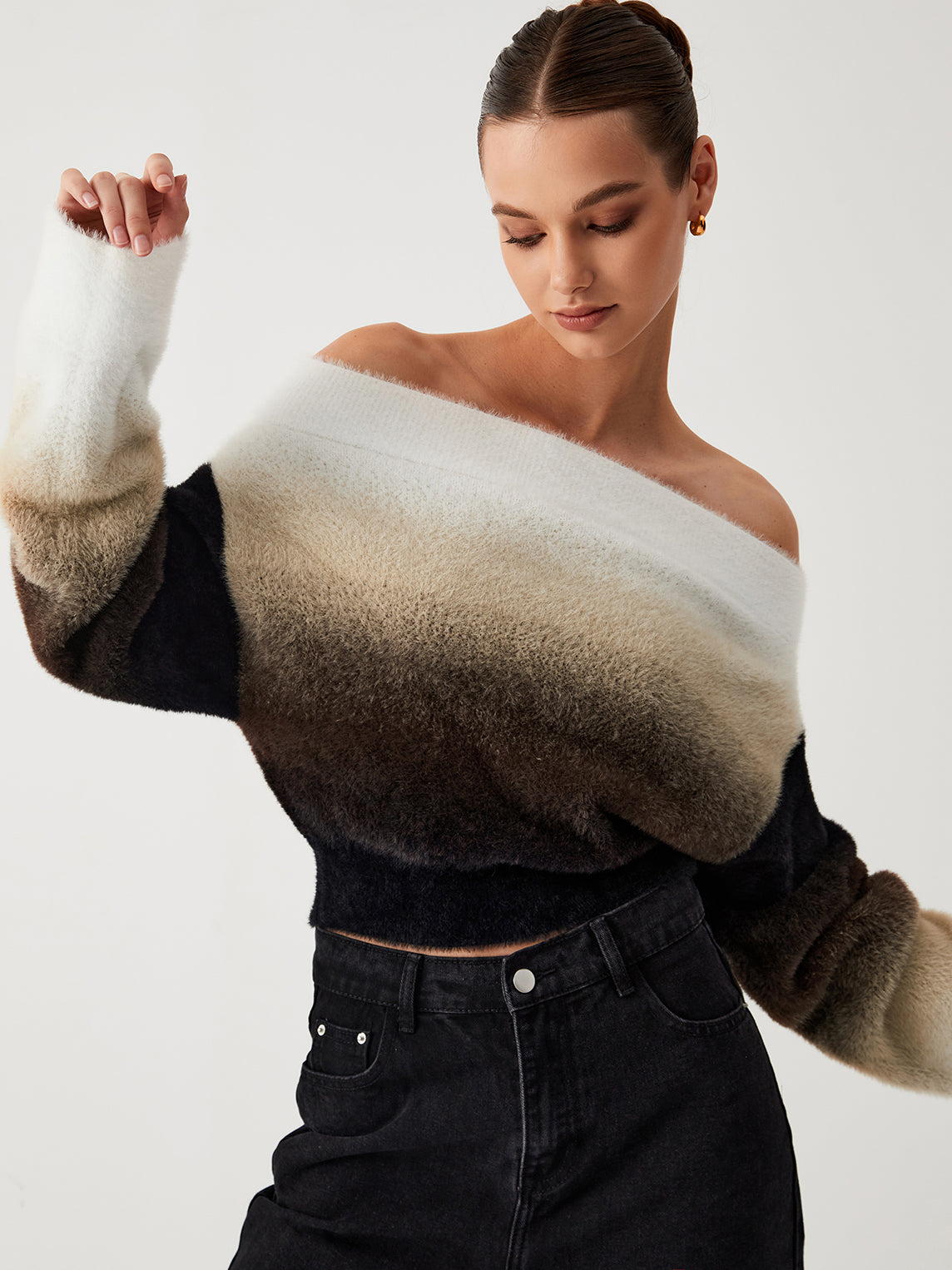 Dawn Ombre Fuzzy Off Shoulder Crop Sweater