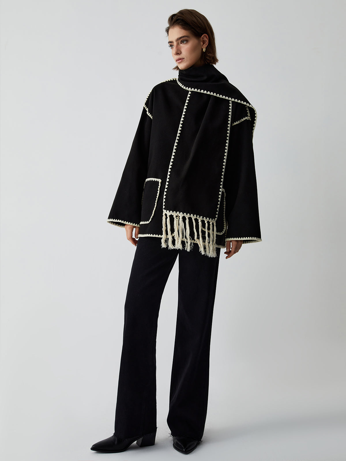 Contrast&Trim Jacket With Matching Scarf