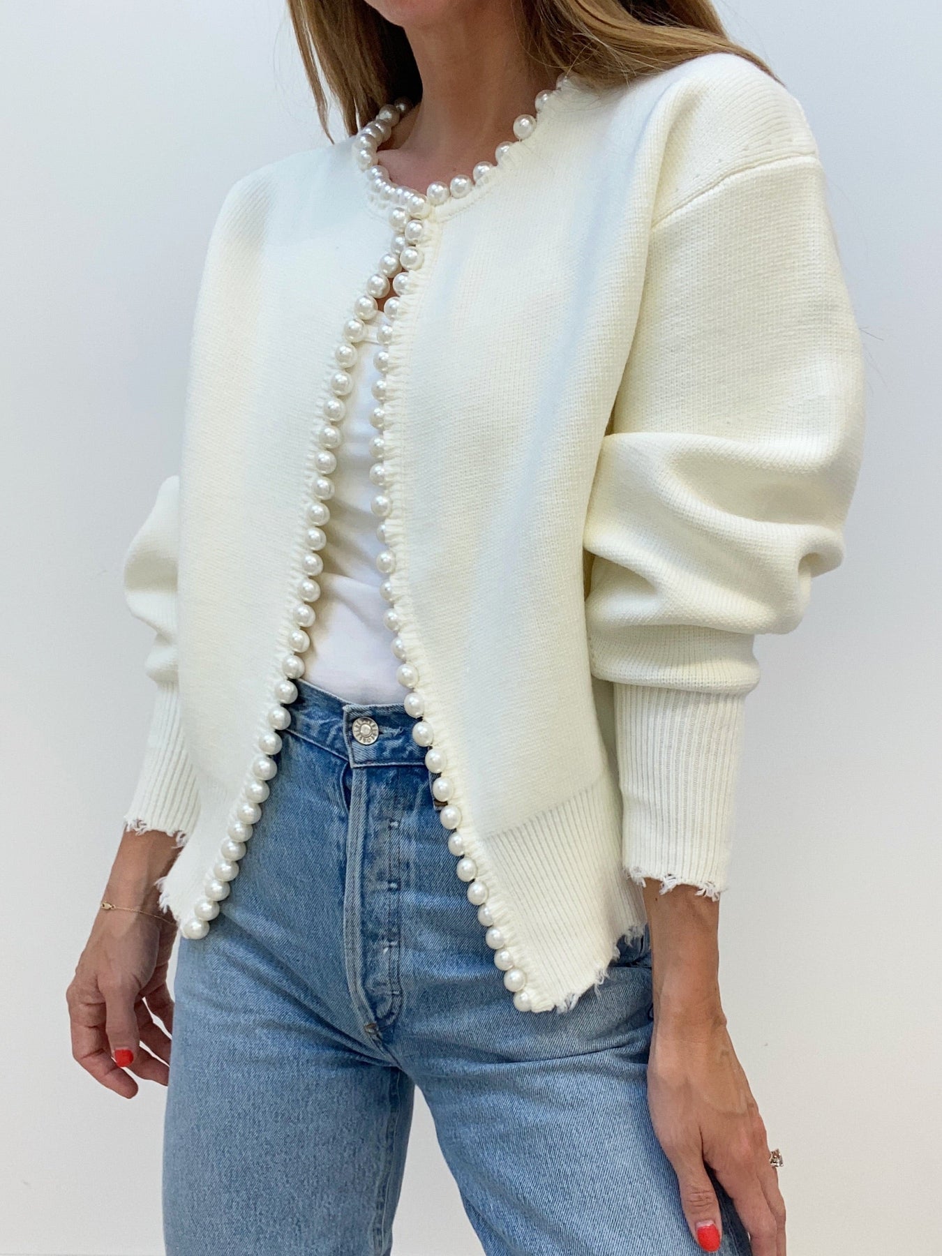 Pearl Trim Ripped Hem Cardigan