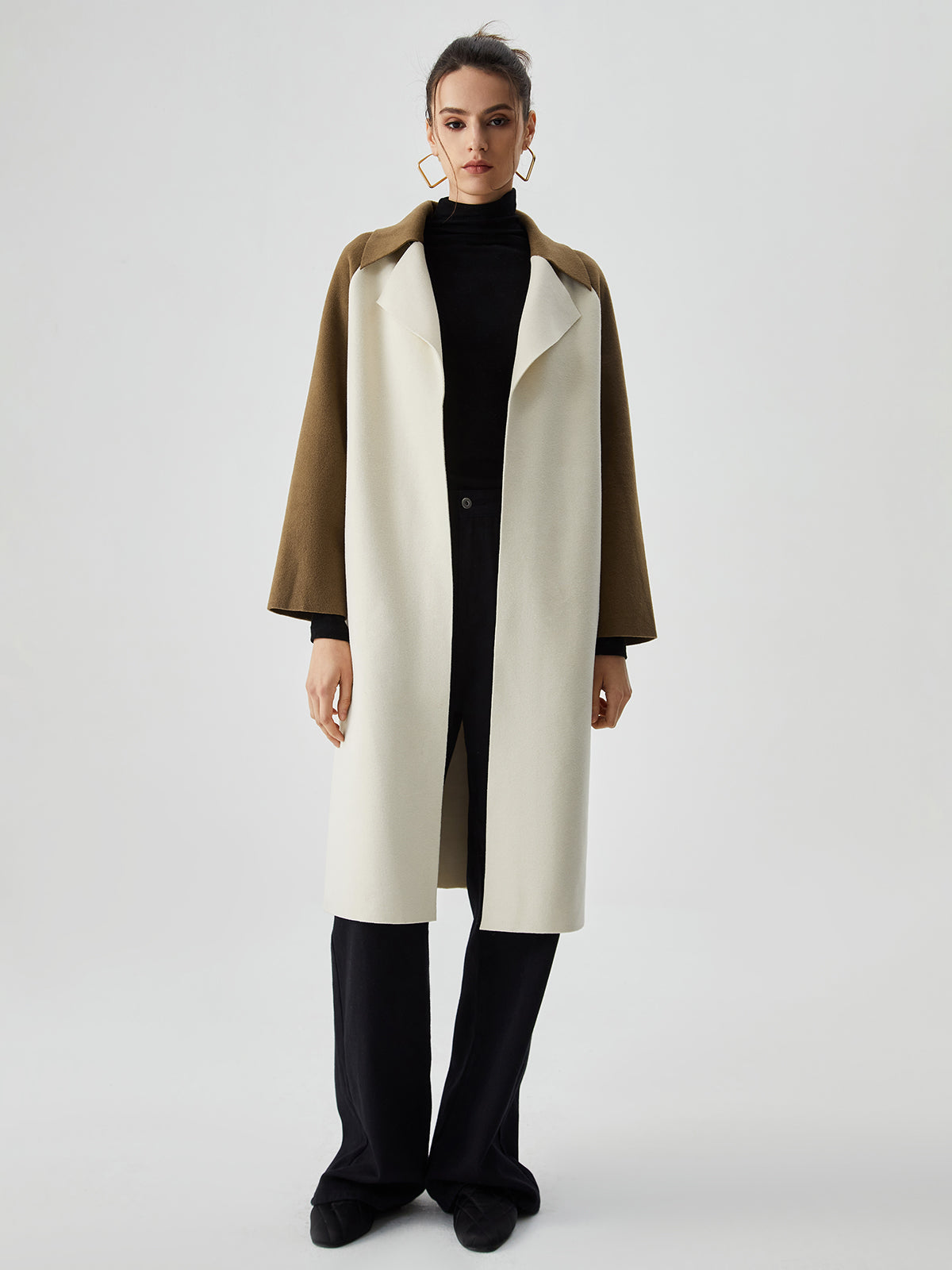 Wool - blend Two Tone Collar Pocket Tie Coat