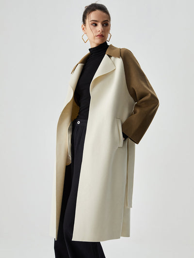 Wool - blend Two Tone Collar Pocket Tie Coat