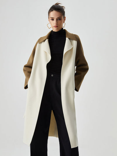 Wool - blend Two Tone Collar Pocket Tie Coat