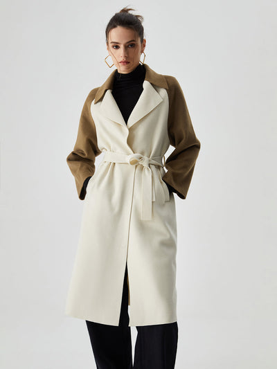 Wool - blend Two Tone Collar Pocket Tie Coat