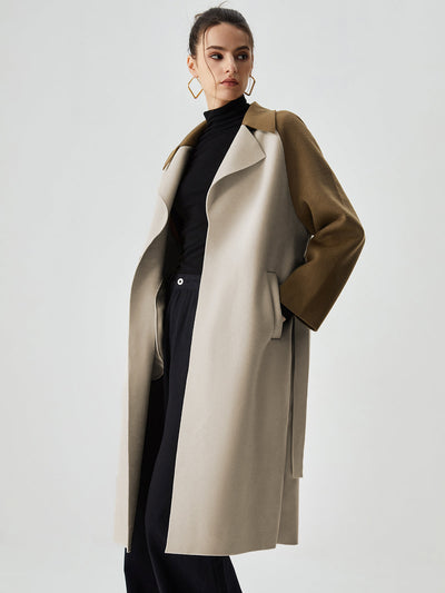 Wool - blend Two Tone Collar Pocket Tie Coat