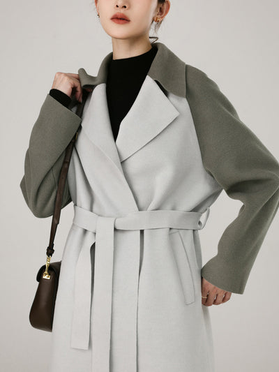 Wool - blend Two Tone Collar Pocket Tie Coat