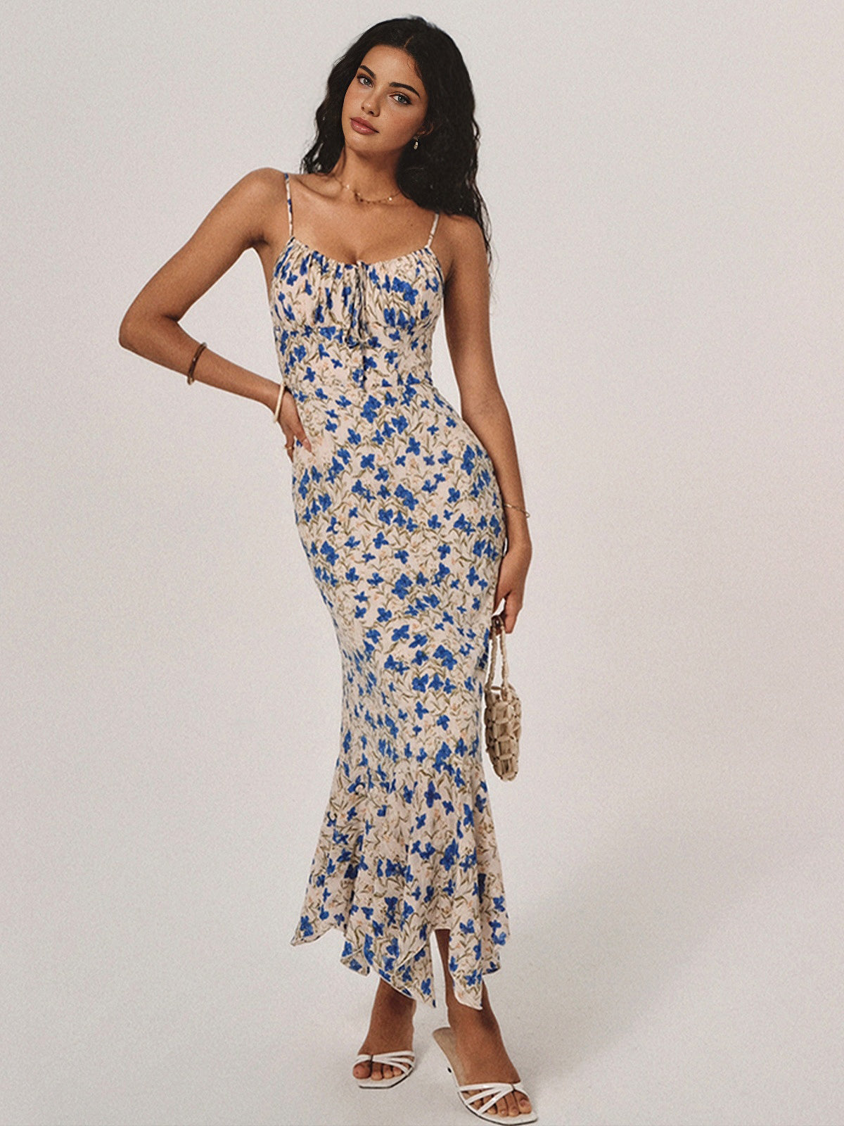 Floral & Print Knotted Irregular Long Dress