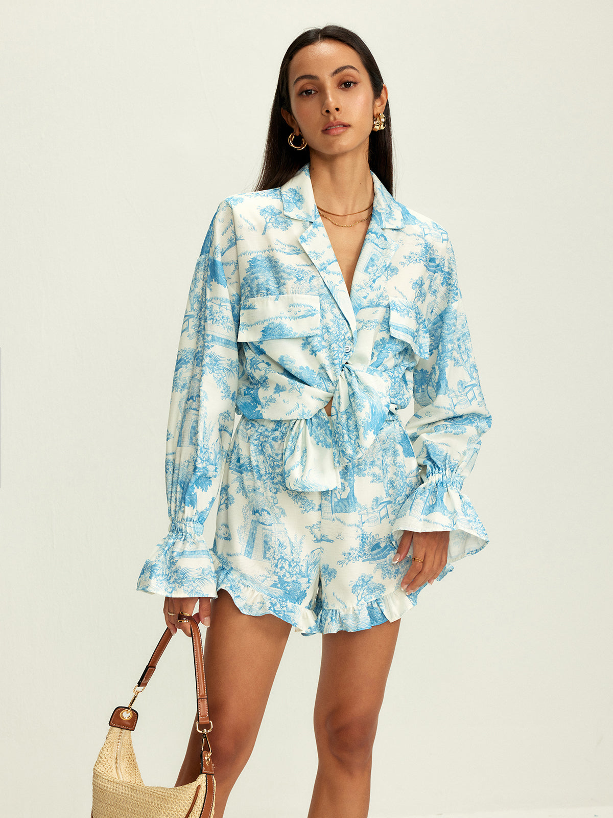 Lapel Ruffle Printed Shorts Set