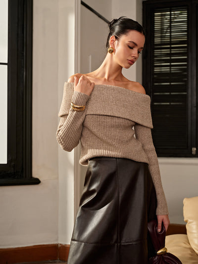 Wool-Blend Plain Off-Shoulder Sweater