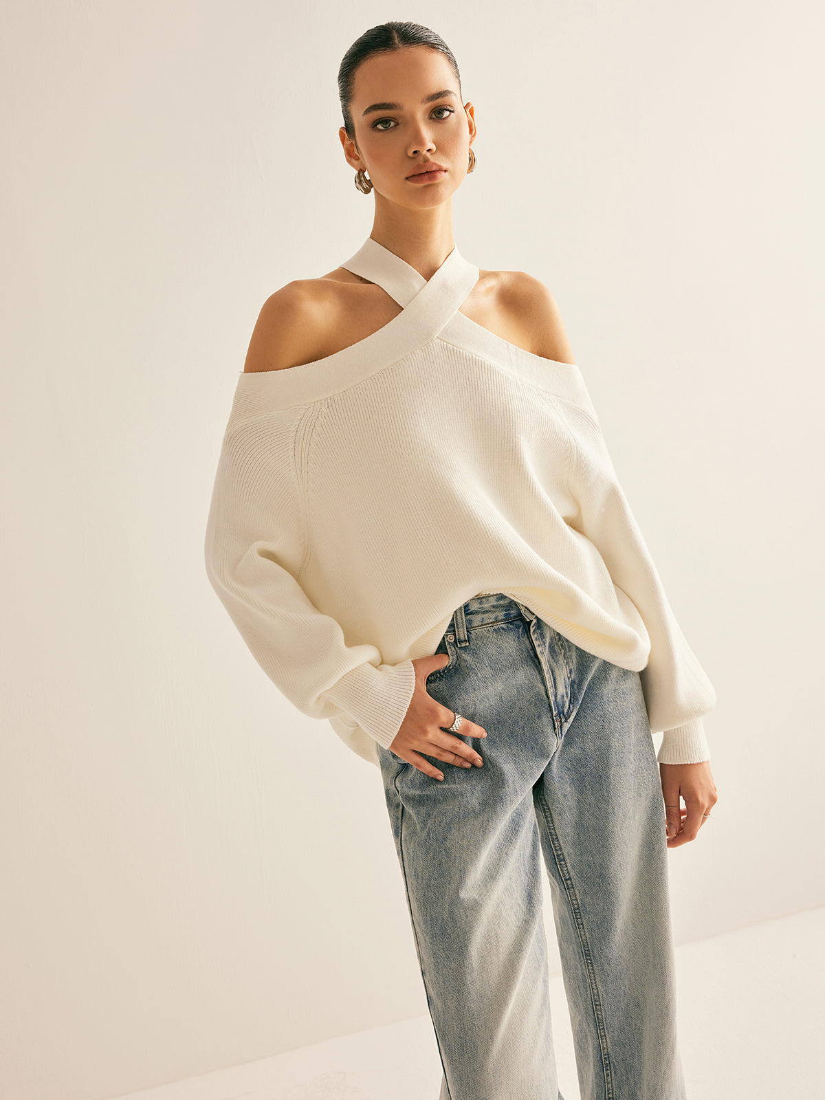 Cross-Over Collar Cold-Shoulder Sweater