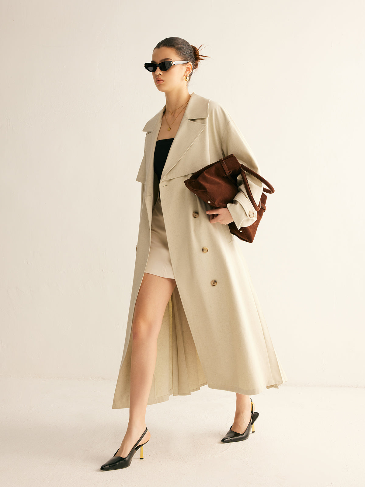 Elegant Pleated Trench Coat With Belt