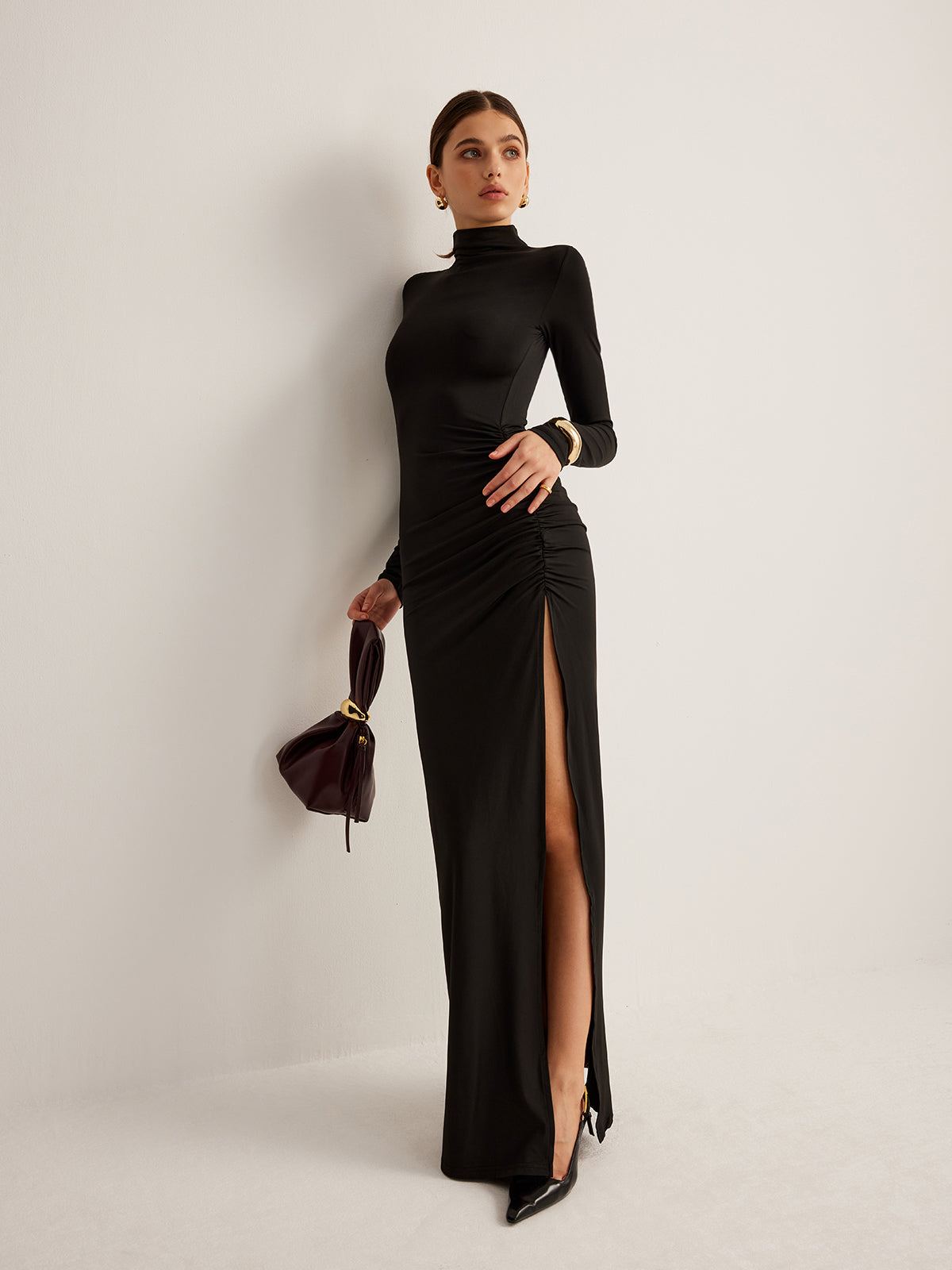 Stand-Collar Pleated Slit Jersey Dress