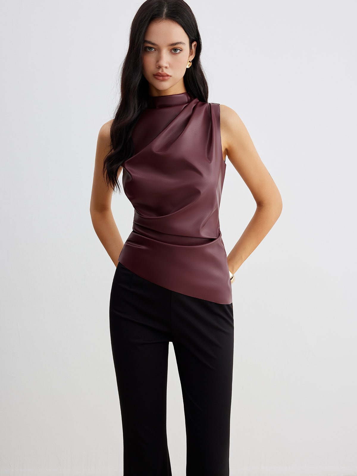 Mock Neck Faux Leather Cinched Tank Top