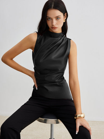 Mock Neck Faux Leather Cinched Tank Top