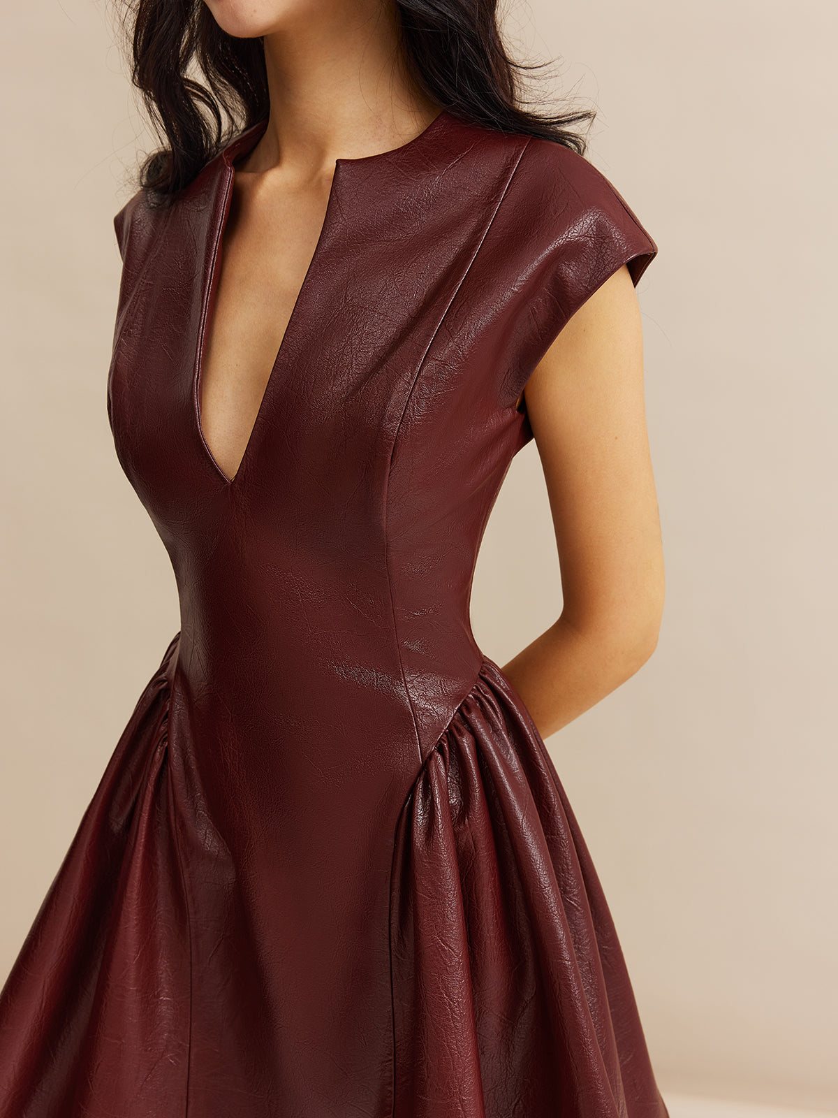 Faux Leather Panel Pleated Dress