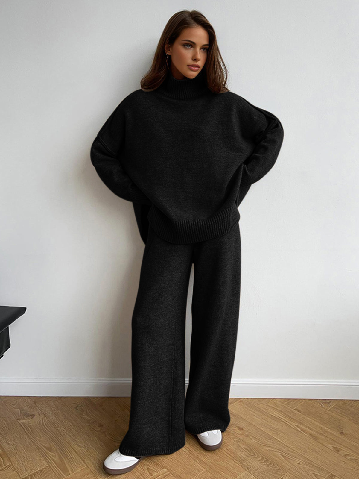 Plain Turtleneck Knit Pants Set