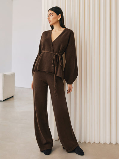 Wrap Belted Sweater Pants Set