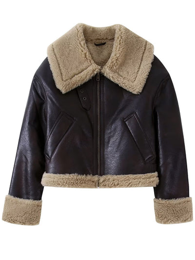 Teddy Faux Leather Zipper Jacket