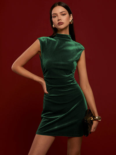 Mock Neck Sleeveless Velvet Dress