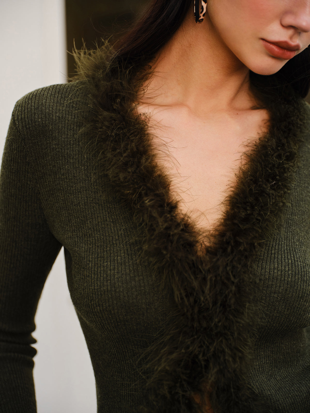 Feather Trim Wool-Blend Slim Sweater