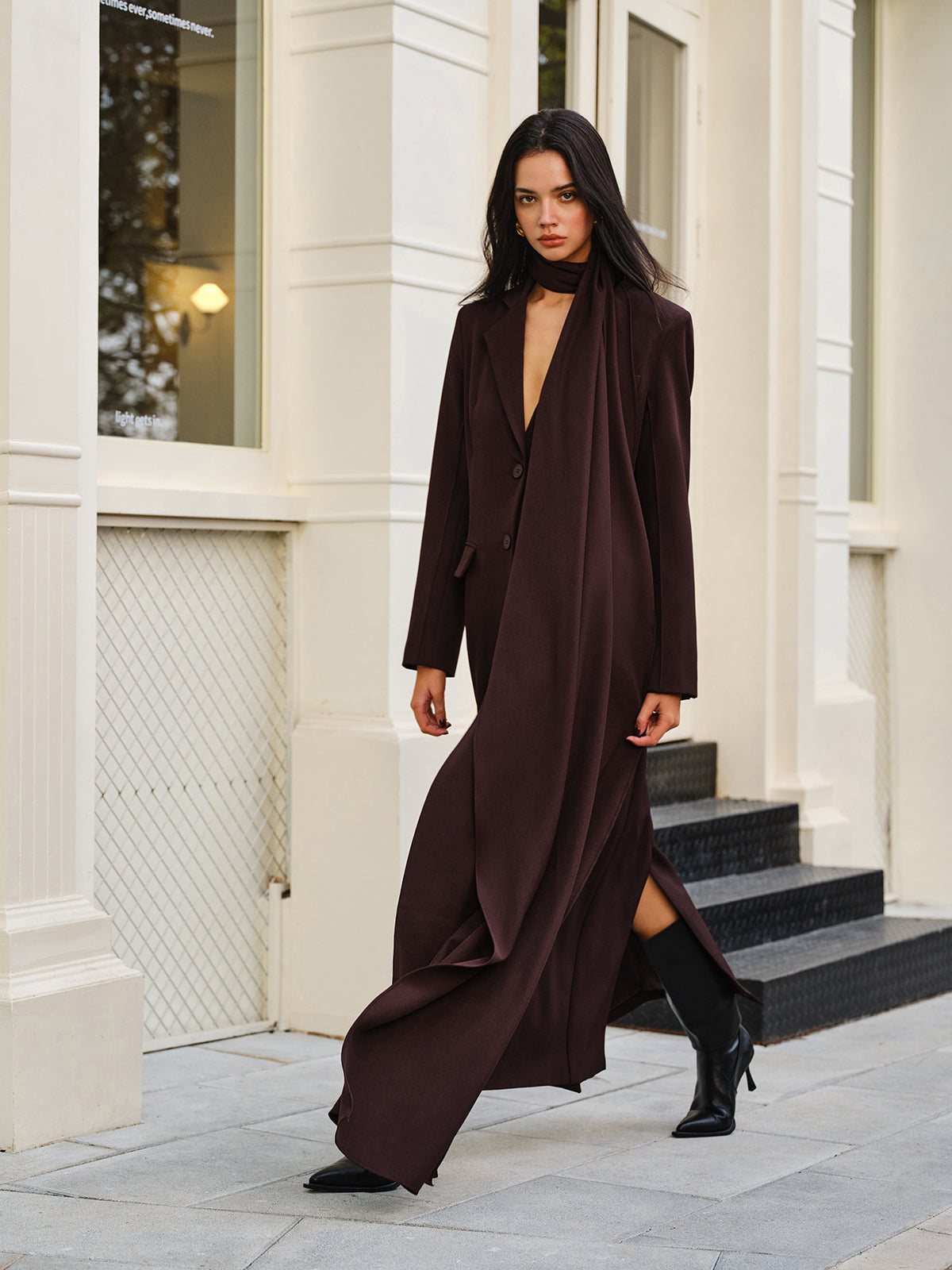 V-Neck Split Trench Coat With Scarf