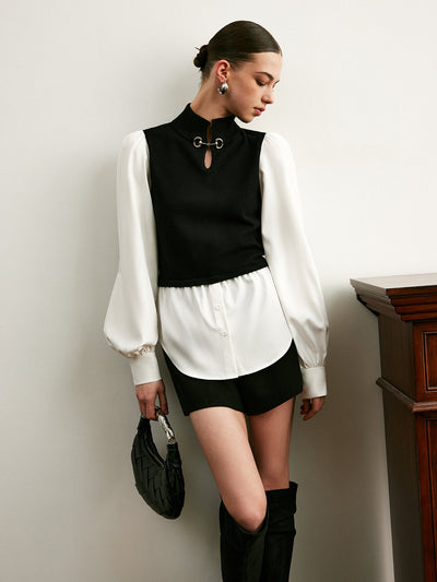 2 in 1 Color Block Metal-Detail Knit Top